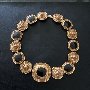 Vtg Byzantine Gold Tone Medallion Black Enamel collar Etruscan Necklace